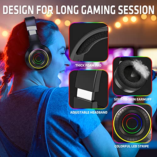 CHAFON RGB Gaming Headset with Mic for Xbox One, PS4, PS5, Over-Ear Headphones with Stereo Surround Sound, Dynamic RGB Light, Memory Foam Earcups, Noise Canceling Mic for PC, Laptop, Phone