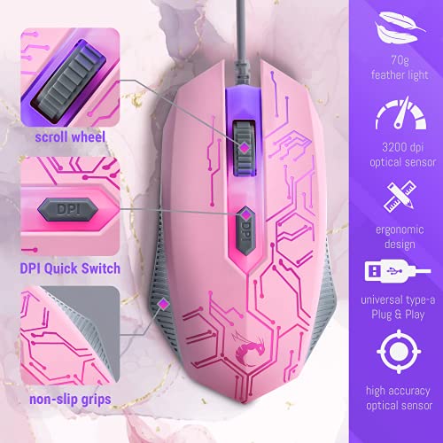 Pink Gaming Keyboard and Mouse Headset Headphones and Mouse pad, Wired LED RGB Backlight Bundle Pink PC Accessories for Gamers and Xbox and PS4 PS5 Nintendo Switch Users - 4in1 Edition Hornet RX-250