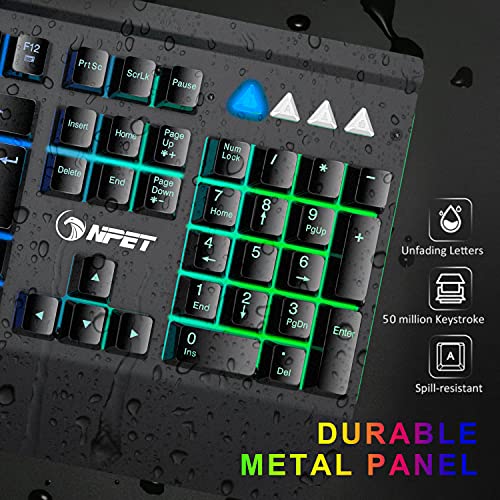 NPET K510 Gaming Keyboard, Wired LED Backlit Computer Keyboard with Ergonomic Wrist Rest, 12 Multimedia Keys & 19 Keys Anti-ghosting USB Full Size Rainbow Keyboard for Laptop/Desktop/PC