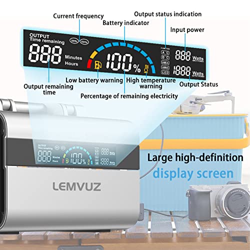 LEMVUZ Portable Power Station 600,Lithium Battery Backup with Pure Sine Wave 3 AC Outlet,Portable Power Pack for Outdoor Use,Power Outages,Emergency Kits and Home Electronics(110V/600W)
