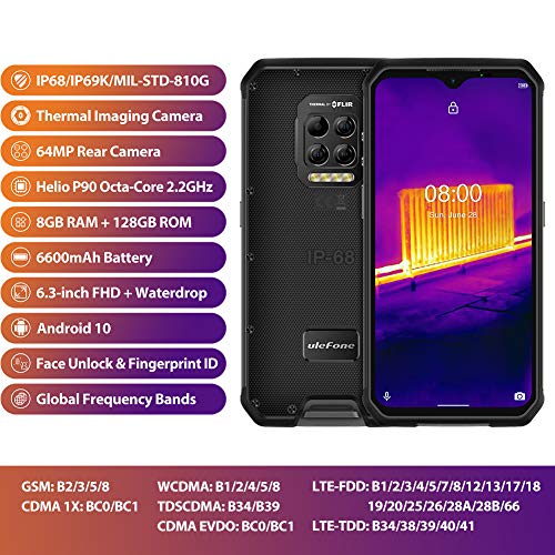 Rugged Smartphone, Ulefone Armor 9 with Endoscope, FLIR Thermal Imaging Camera, Endoscoped Supported, Helio P90 8GB + 128GB Android 10, 64MP Camera, 6600mAh, 6.3' FHD+ Screen, NFC, OTG, US Version