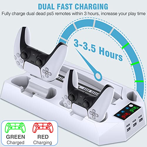 PS5 Stand and Cooling Station with Dual Controller Charging Station for Playstation 5 Console, PS5 Accessories Incl. Controller Charger, Cooling fan, Headset holder, 3 USB Hub, Media Slot, Screw White