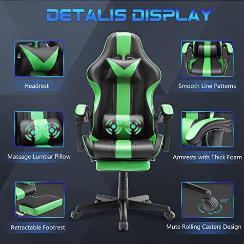 Ferghana Pink and Green Gaming Chairs with Footrest,Computer Game Chair,Massage Gaming Chairs,Christmas,Xmas Gift,PC Gaming Chairs for Adults Teens for Gaming Live Streaming Room