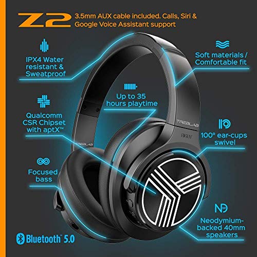 TREBLAB Z2 | Over Ear Workout Headphones with Microphone | Bluetooth 5.0, Active Noise Cancelling (ANC) | Up to 35H Battery Life | Wireless Headphones for Sport, Workout, Running, Gym (Black)