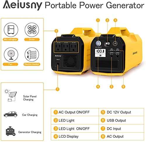 Aeiusny Portable Power Station, 296Wh/400W Solar Generator Power Supply CPAP Backup Battery, 110V Pure Sinewave AC Outlet, 12V DC, USB Output for Outdoor Camping Trip Fishing Emergency