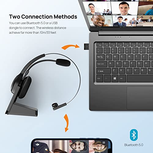 LEVN Bluetooth 5.0 Headset, Wireless Headset with Microphone (AI Noise Cancelling), 35Hrs Bluetooth Headphones with USB Dongle for PC, Suitable for Remote Work/Call Center/Zoom/Online Class/Trucker