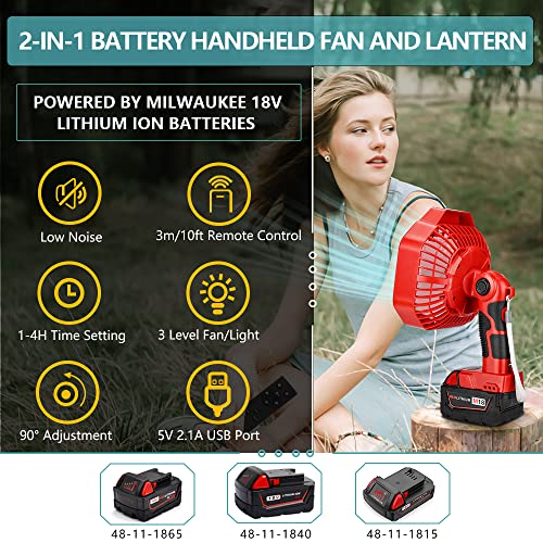 for Milwaukee 18V M18 Li-ion Battery Powered Handheld Fan with LED Lamp Light, Remote, 4H Timing Function, Hiesuan Portable Cordless Jobsite Fan Outdoor Rechargeable USB Personal Desk Camping Fan