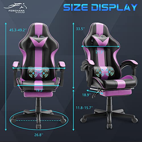 Ferghana Pink and Purple Gaming Chairs with Footrest,Computer Game Chair,Massage Gaming Chairs,Christmas,Xmas Gift,PC Gaming Chairs for Adults Teens for Gaming Live Streaming Room