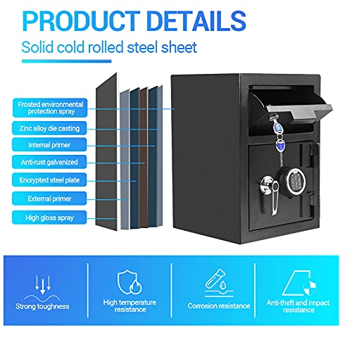 Greenvelly Depository Safe with Drop Slot, Drop Safe with Electronic Code Lock, Metal Depository Safe with Dual Key Lock, Cash Depository Box for Office Home and Hotel (Black)