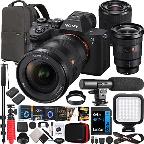 Sony a7 IV Full Frame Mirrorless Camera Body with 2 Lens Kit FE 16-35mm F2.8 GM G Master + 28-70mm ILCE-7M4K/B + SEL1635GM Bundle w/Deco Gear Backpack + Monopod + Extra Battery, LED and Accessories