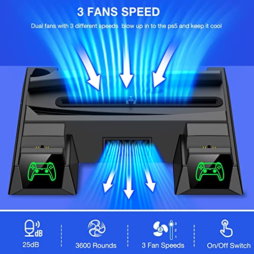 EUROA PS5 Stand and Cooling Station for Playstation 5 Digital & Disc Edition with Cooling Fan and Controller Charger, PS5 Cooling Fan with 3-Speeds Adjustable, Headset Holder, 11 Games Storage -Black