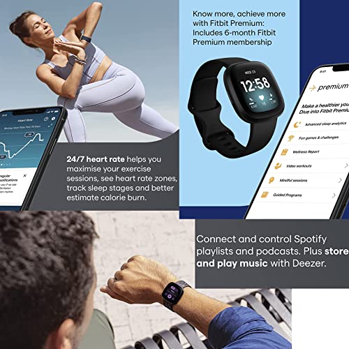 Fitbit Versa 3 Health & Fitness Tracker Smart Watch (Black) with Built-in GPS, Alexa, 24/7 Heart Rate, S & L Bands, Bundle with Charge Dock, Wall Adapter, Screen Protectors & PremGear Cloth for Fitbit