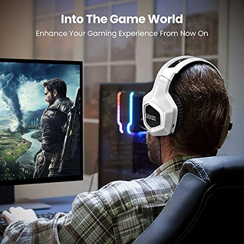 Gaming Headset for Xbox One PC PS5 PS4, VOYEE Noise Isolation Stereo Over Ear Game Headphones with Microphone/LED Light/Bass Surround/Soft Memory Earmuffs (White)