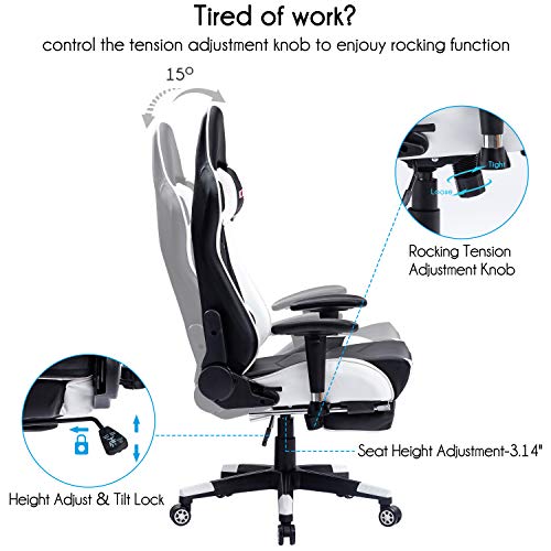 KCREAM Gaming Chair with Footrest Adults Gamer Chair High Back PU Leather Gaming Computer Chair Large Racing Game Chair, with Adjustable Armrests and Massage Lumbar Support (White)