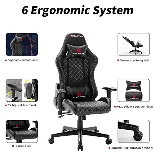 GTMONSTER Racing Style Video Gaming Chair, Reclining Ergonomic Leather Office Computer Game Chair, Swivel Gaming Chairs, (Black)