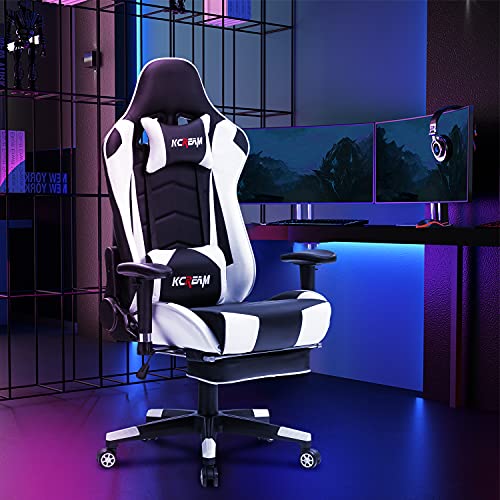 KCREAM Gaming Chair with Footrest Adults Gamer Chair High Back PU Leather Gaming Computer Chair Large Racing Game Chair, with Adjustable Armrests and Massage Lumbar Support (White)