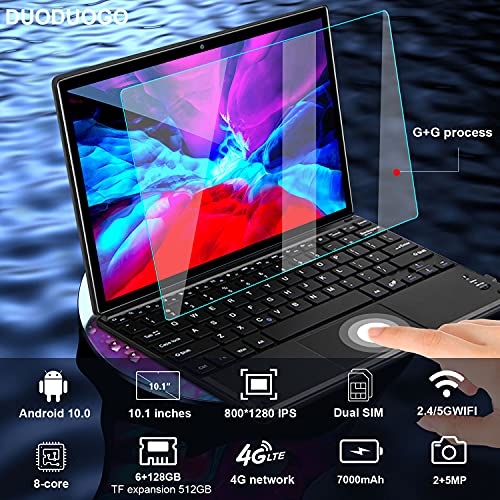 5G WiFi Android 10.0 Tablet 10 Inch, 2 in 1 Tablet with Keyboard 6GB RAM 128GB ROM 512GB Expansion Dual Camera Dual 4G SIM Card Slots Unlocked Phablet, Netflix, OTG, GPS Tablet PC (Black)