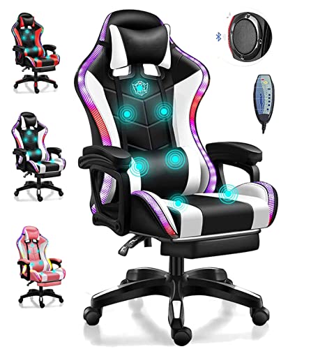 TBQATNTS Gaming Chair with Speakers,Led Gaming Chair,Ergonomic Pro Gaming Chair with Full Massage Lumbar Support Bluetooth Speakers Backrest Adjustable/Gaming Chairs for Adults,White