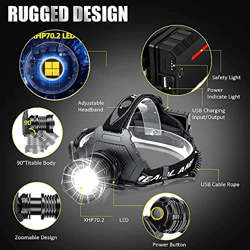 LED Rechargeable Headlamp 60000 High Lumen, XPH70 Brightest LED Work Headlight Zoomable, Waterproof, 90° Adjustable, 5 Modes Lightweight Head Lamp for Adult Camping, Hard Hat, Hunting