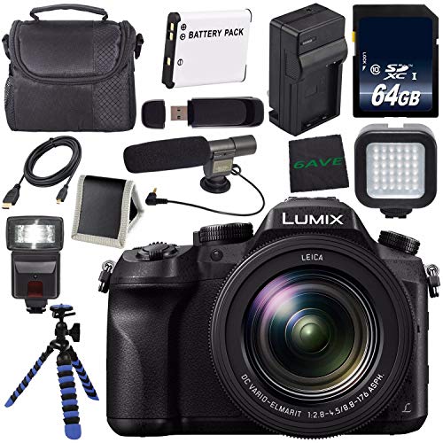 Panasonic Lumix DMC-FZ2500 Digital Camera (International Model) + Lithium Ion Battery + Charger + 64GB Memory Card + Tripod + Flash + Condenser Mic Bundle