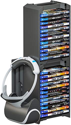 Skywin VR Headset & PS4 Game Holder Video Game Organizer - 24 CD Game Disk Tower, VR / Headset Hanger, and Vertical Stand for PSVR