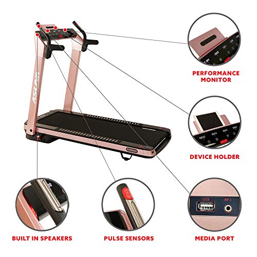 SUNNY HEALTH & FITNESS Asuna SpaceFlex Electric Treadmill with Auto Incline, LCD and Pulse Grips, Speakers, Tablet Holder, 220 LB Max Weight, Folding and Portability Wheels - 7750P, Pink