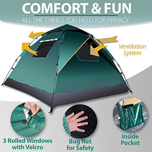 Zone Tech Family Instant Pop Up Tent – 30 Seconds Easy Setup Portable Waterproof and Windproof 3-4 Person Camping, Hiking, Traveling Automatic Pop Up Family Tent - Perfect for Outdoor Activities