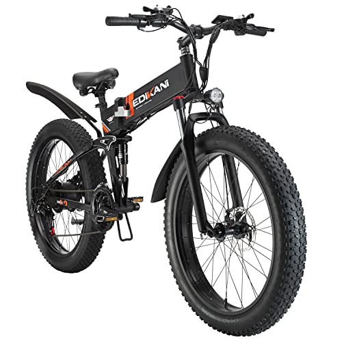 EDIKANI Electric Bike for Adults, 48V/750W Folding Electric Mountain Bike 26" Fat Tire Ebike, 20MPH Adult Electric Bicycle with 10AH Removable Battery, Up to 50 Miles, 21 Speed, Full Suspension