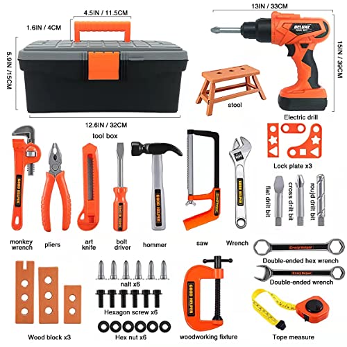 Kids Tool Set – 45 Piece Toddler Tool Set with Electronic Toy Drill& Tool Box,Hammer Saw and More, Construction Pretend Play Tools for Kids, Best Birthday Gift Ideas for Kids 1-3 4 5 6 7 8 Years Old