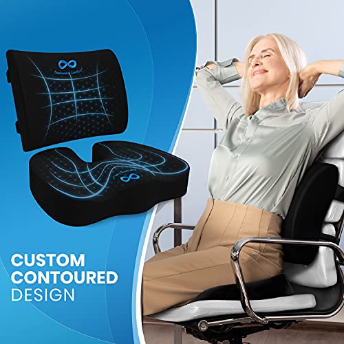 Everlasting Comfort Seat Cushion and Lumbar Support Pillow Combo - Chair Pads Reduce Tailbone Pressure and Improve Back Comfort - Gel Infused Memory Foam Chair Cushions for Home, Car, Travel