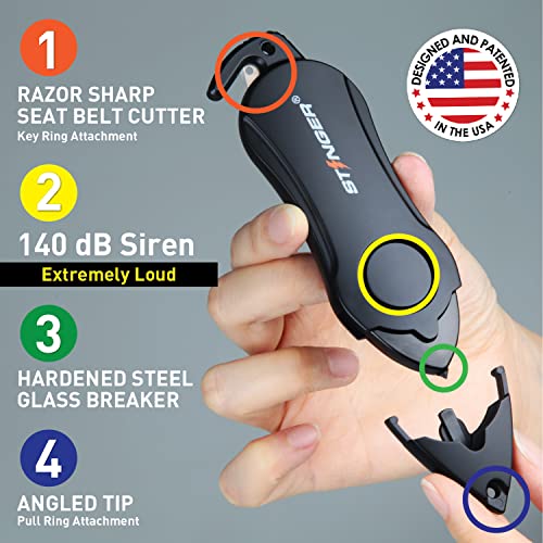 Stinger Personal Safety Alarm Keychain Emergency Tool, Panic Alarm Siren, Seatbelt Cutter, Car Window Breaker, Safety Device for Women Kid, 140 dB Siren (Black)