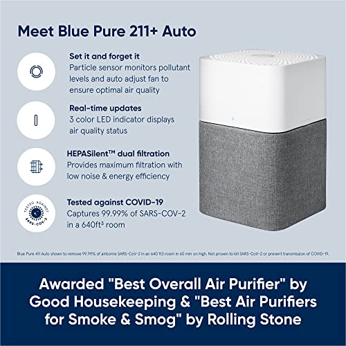 BLUEAIR Blue 211+ Auto HEPASilent 23dB Air Purifier, Gray & Blue 311 Auto HEPASilent 23dB Air Purifier for Large Rooms up to 1862sqft, Wildfire, Gray