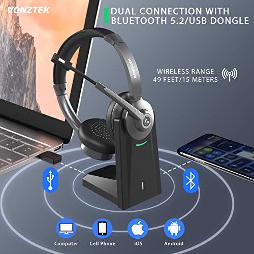 Bluetooth Headset with Microphone, Wireless Headset for Computer, On Ear Headphones with Mic Noise Cancelling/Mute/Charging Base/Plug & Play Dongle/Dual Connect, Hands Free for Zoom|Skype|Ms Teams
