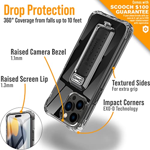 Scooch iPhone 14 Pro Max Case with Stand, Phone Grip, and Car Vent Mount [Wingman] with $100 Device Coverage, Military Grade Drop Protection, Three-Way Kickstand, Works w/ Magnetic Car Mounts (Clear)