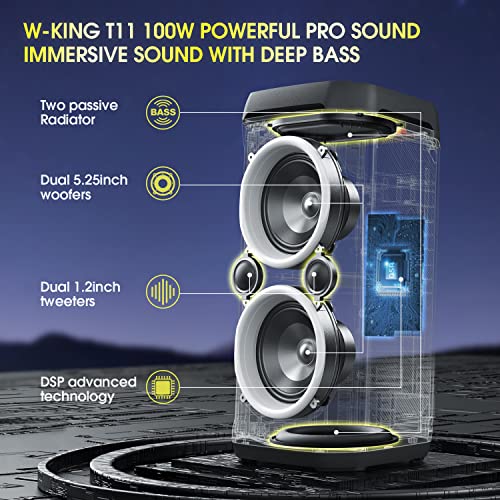 W-KING 100W Bluetooth Speakers V5.3, Portable IPX6 Waterproof Party Speaker Loud with Deep Bass/110dB Huge Sound/DSP, Karaoke Outdoor Boombox with Lights/Mic&Guitar Port/ECHO/USB Port/Adapter Included