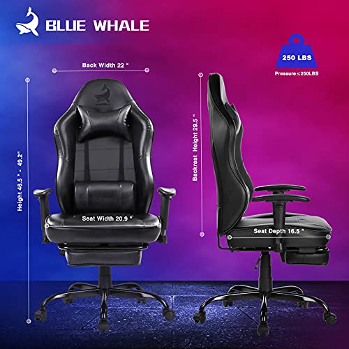 Blue Whale Massage Gaming Chair with Footrest, Racing PC Computer Office Chair Swivel Ergonomic Executive Leather Desk Chair and Adjustable Armrests