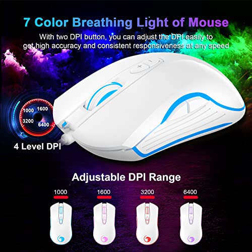 NPET S20 Wired Gaming Keyboard and Mouse Combo, LED Backlit Quiet Ergonomic Mechanical Feeling Keyboard, Gaming Mouse 6400 DPI, for Desktop, Computer, PC, White