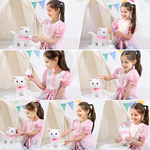 Remote Control Electronic Plush Cat Toy Pet for Girls Kids Interactive Toys, Walks, Barks, Pretend Dress Up Realistic Stuffed Animal for Age 3 4 5+ Years Old Best Gift (Cat-White)