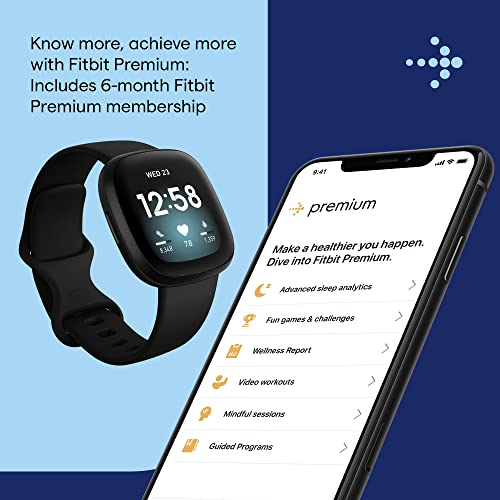 Fitbit Versa 3 Health & Fitness Smartwatch with GPS, 24/7 Heart Rate, Alexa Built-in, 6+ Days Battery, Black/Black, One Size (S & L Bands Included)