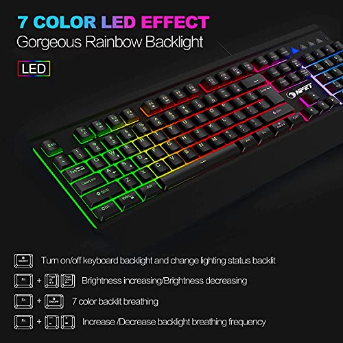 NPET K510 Gaming Keyboard, Wired LED Backlit Computer Keyboard with Ergonomic Wrist Rest, 12 Multimedia Keys & 19 Keys Anti-ghosting USB Full Size Rainbow Keyboard for Laptop/Desktop/PC