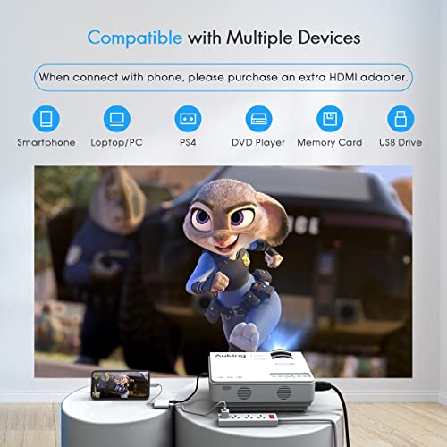 AuKing Mini Projector 2022 Upgraded Portable Video-Projector,55000 Hours Multimedia Home Theater Movie Projector,Compatible with Full HD 1080P HDMI,VGA,USB,AV,Laptop,Smartphone