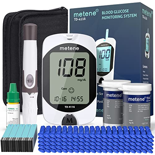 Metene TD-4116 Blood Glucose Monitor Kit, 100 Glucometer Strips, 100 Lancets, 1 Blood Sugar Monitor, Blood Sugar Test Kit with Lancing Device, Diabetes Testing Kit, Coding-free Meter, Large Display