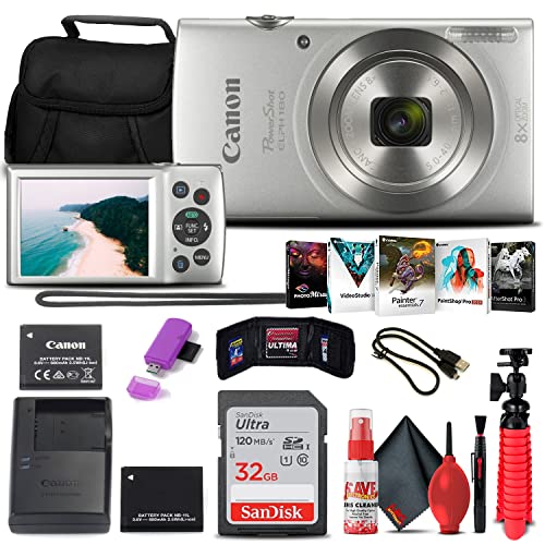 6TH Ave Electronics Bundle for Canon PowerShot ELPH 180 Digital Camera (Silver) (1093C001), 32GB Card, NB11L Battery, Case, Charger, Card Reader, Corel Software, Flex Tripod, Cleaning Kit, More