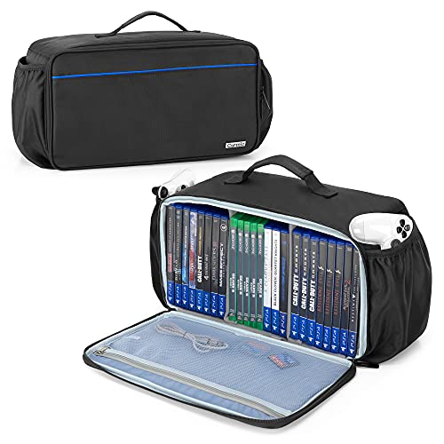 CURMIO Game Disc Storage Bag Holds Up to 24 Discs, Game Disk Travel Case Compatible with PS5/PS4/PS4 Pro/PS3/Xbox One/Xbox 360//Xbox Series X/S, Blue Stripe(Bag Only)