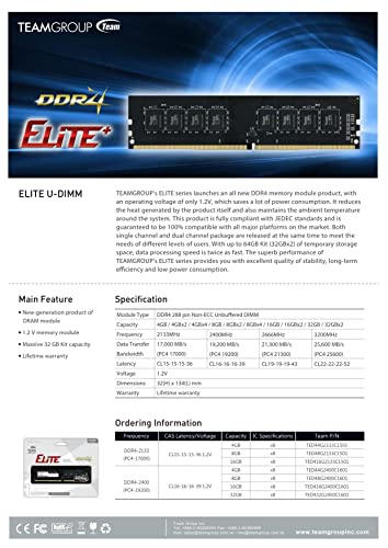 TEAMGROUP Elite DDR4 32GB Kit (2 x 16GB) 3200MHz (PC4-25600) CL22 Unbuffered Non-ECC 1.2V UDIMM 288 Pin PC Computer Desktop Memory Module Ram Upgrade - TED432G3200C22DC01