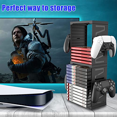 SIKEMAY Game Storage Tower for PS5/ PS4/ Xbox Series S & X/Xbox, Universal Video Games Discs Organizers 24 PCS with 4 Controllers Holder, Game Disk Box Stand Rack Accessories - Black