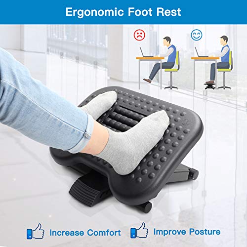 HUANUO Footrest Under Desk - Adjustable Foot Rest with Massage Texture and Roller, Ergonomic Foot Rest with 3 Height Position, 30 Degree Tilt Angle Adjustment for Home, Office