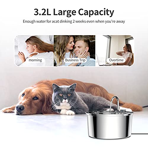 Tomxcute Cat Water Fountain, 3.2L/108oz Automatic Stainless Steel Pet Fountain Dog Water Dispenser, Ultra-Quiet Pump and 3 Replacement Filters & for Cats, Dogs, Multiple Pets