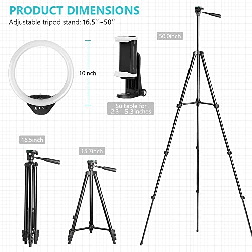 Sensyne 10'' Ring Light with 50'' Extendable Tripod Stand, LED Circle Lights with Phone Holder for Live Stream/Makeup/YouTube Video/TikTok, Compatible with All Phones.