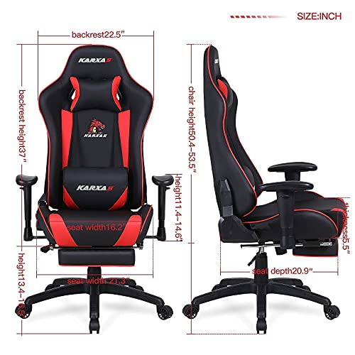 KARXAS Ergonomic Gaming Chair with Footrest High Back Computer Chair PU Leather Office Chair Racing Style Desk Chair Massage Reclining Chair with Headrest and Lumbar Pillow (Red)